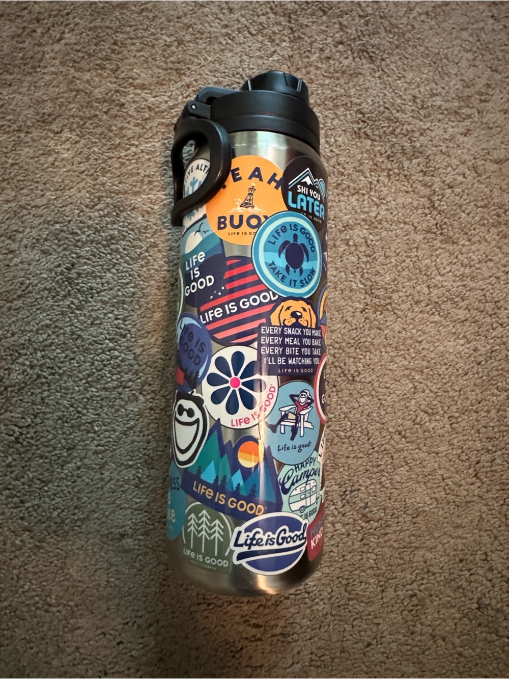 Life Is Good Sticker-Covered Water Bottle — Blue and Orange Accents